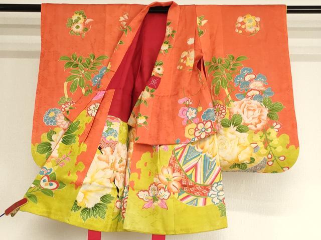 平和屋着物[]アンティーク　大正ロマン　七五三　女の子　３歳　祝着　三つ身　被布セット　駒刺繍　花車文　正絹　逸品　AABG3367ja