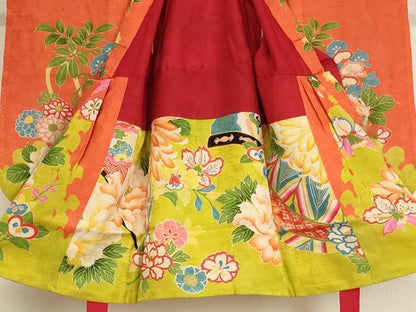 平和屋着物[]アンティーク　大正ロマン　七五三　女の子　３歳　祝着　三つ身　被布セット　駒刺繍　花車文　正絹　逸品　AABG3367ja