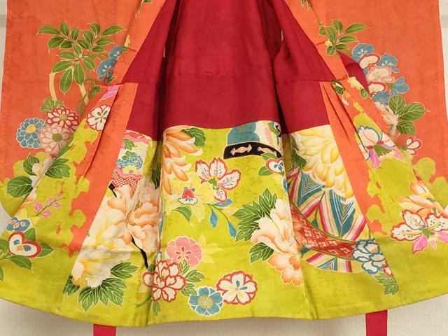 平和屋着物[]アンティーク　大正ロマン　七五三　女の子　３歳　祝着　三つ身　被布セット　駒刺繍　花車文　正絹　逸品　AABG3367ja
