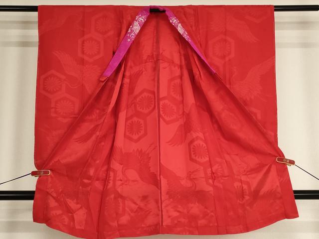 平和屋着物[]子供　女の子　長襦袢　無双仕立て　飛鶴亀甲花地紋　猩々緋色　半衿刺繍　正絹　逸品　AABG3368ja