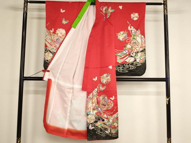 平和屋着物[]七五三　女の子　７歳　祝着　四つ身　花鼓舞蝶文　金銀彩　正絹　逸品　AABG3371ja