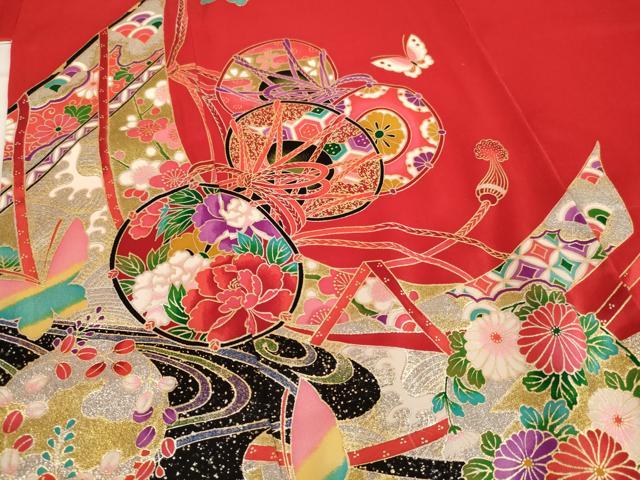 平和屋着物[]七五三　女の子　７歳　祝着　四つ身　花鼓舞蝶文　金銀彩　正絹　逸品　AABG3371ja