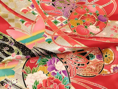 平和屋着物[]七五三　女の子　７歳　祝着　四つ身　花鼓舞蝶文　金銀彩　正絹　逸品　AABG3371ja