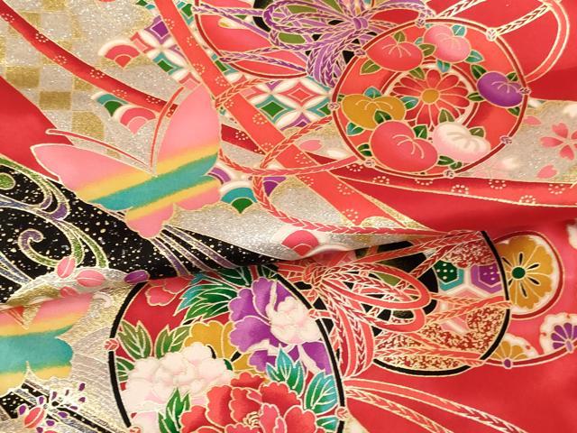 平和屋着物[]七五三　女の子　７歳　祝着　四つ身　花鼓舞蝶文　金銀彩　正絹　逸品　AABG3371ja