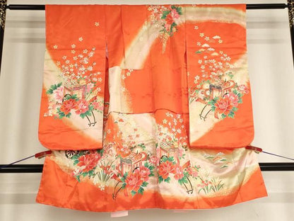 平和屋着物[]七五三 女の子 5歳 祝着 御所車花文 暈し染め 金彩 洗える着物 AABG3372ja