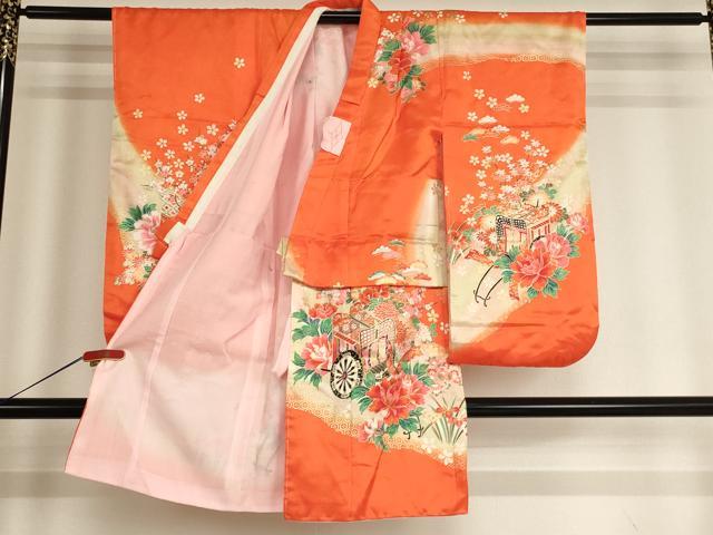 平和屋着物[]七五三 女の子 5歳 祝着 御所車花文 暈し染め 金彩 洗える着物 AABG3372ja