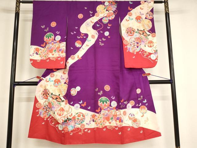 平和屋着物[]七五三　女の子　７歳　祝着　四つ身　糸巻き手毬花蝶文　暈し染め　金彩　AABG3373ja