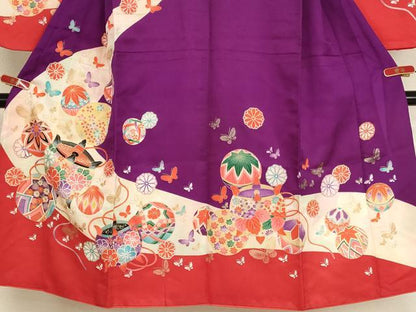 平和屋着物[]七五三　女の子　７歳　祝着　四つ身　糸巻き手毬花蝶文　暈し染め　金彩　AABG3373ja