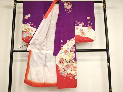 平和屋着物[]七五三　女の子　７歳　祝着　四つ身　糸巻き手毬花蝶文　暈し染め　金彩　AABG3373ja
