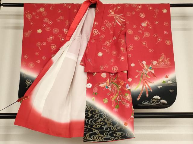 平和屋着物[]七五三 女の子 ３歳 祝着 三つ身 刺繍 鳳凰花文 暈し染め 金糸 金彩 正絹 逸品 AABG3375ja