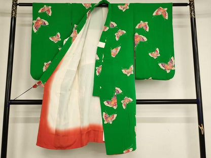 平和屋着物[]七五三　女の子　5歳　祝着　型染め　花蝶文　鬼しぼ縮緬　正絹　逸品　AABG3376ja