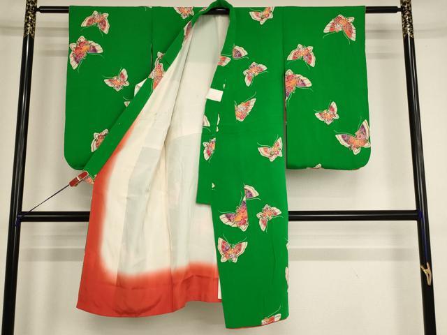 平和屋着物[]七五三　女の子　5歳　祝着　型染め　花蝶文　鬼しぼ縮緬　正絹　逸品　AABG3376ja