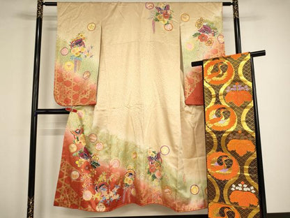 平和屋着物∵女の子　十三参り　子供　祝着・帯セット　花蝶丸文　暈し染め　金彩　逸品　AABG3377ja