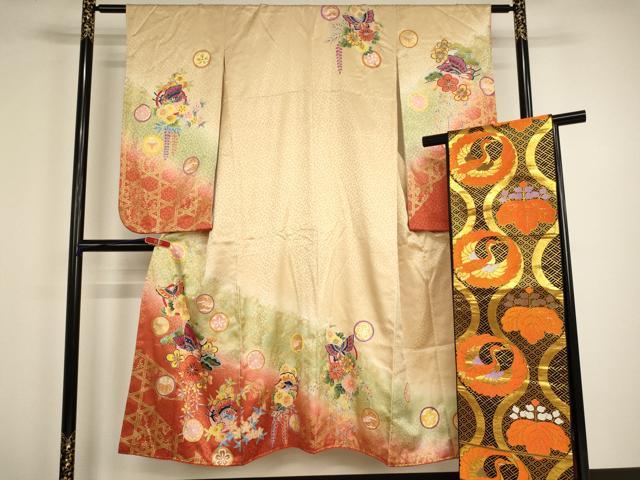 平和屋着物∵女の子　十三参り　子供　祝着・帯セット　花蝶丸文　暈し染め　金彩　逸品　AABG3377ja