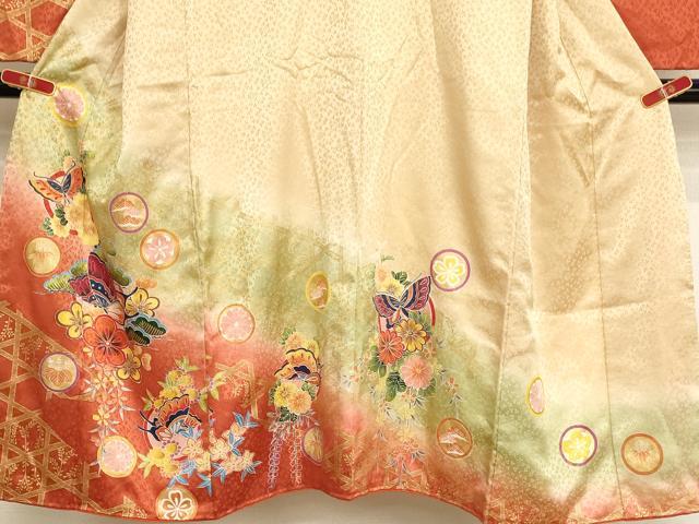 平和屋着物∵女の子　十三参り　子供　祝着・帯セット　花蝶丸文　暈し染め　金彩　逸品　AABG3377ja
