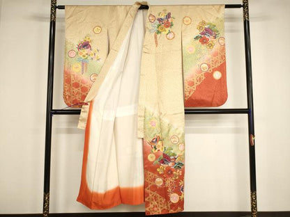平和屋着物∵女の子　十三参り　子供　祝着・帯セット　花蝶丸文　暈し染め　金彩　逸品　AABG3377ja