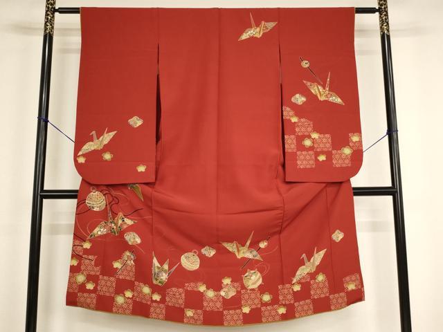 平和屋着物[]七五三　女の子　７歳　祝着　四つ身　折り鶴　鈴　簪　洗える着物　AABG3380ja