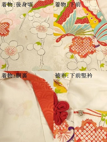 平和屋着物[]七五三　女の子　３歳　祝着　一つ身　被布セット　枝梅舞蝶文　金彩　正絹　逸品　AABG3381ja