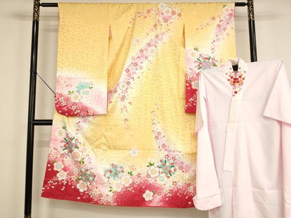平和屋着物[]七五三　女の子　７歳　祝着　四つ身　長襦袢(単衣・半衿刺繍)セット　駒刺繍　舞桜文　暈し染め　金彩　逸品　AABG3384ja