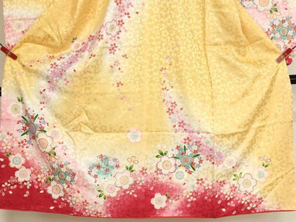 平和屋着物[]七五三　女の子　７歳　祝着　四つ身　長襦袢(単衣・半衿刺繍)セット　駒刺繍　舞桜文　暈し染め　金彩　逸品　AABG3384ja