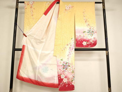 平和屋着物[]七五三　女の子　７歳　祝着　四つ身　長襦袢(単衣・半衿刺繍)セット　駒刺繍　舞桜文　暈し染め　金彩　逸品　AABG3384ja