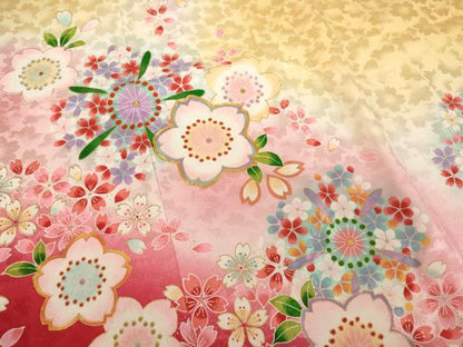 平和屋着物[]七五三　女の子　７歳　祝着　四つ身　長襦袢(単衣・半衿刺繍)セット　駒刺繍　舞桜文　暈し染め　金彩　逸品　AABG3384ja
