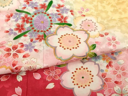 平和屋着物[]七五三　女の子　７歳　祝着　四つ身　長襦袢(単衣・半衿刺繍)セット　駒刺繍　舞桜文　暈し染め　金彩　逸品　AABG3384ja
