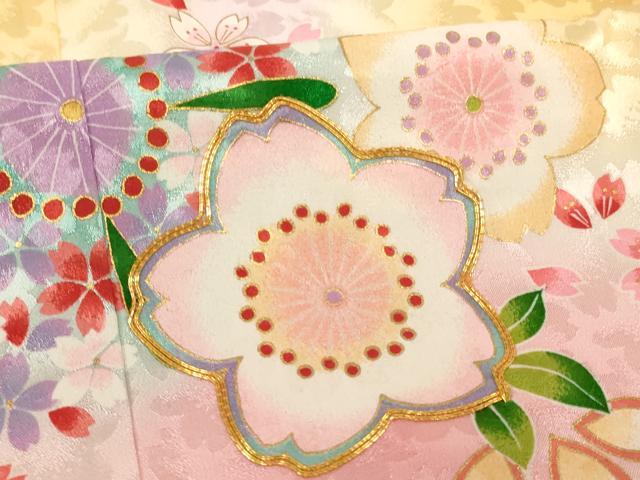 平和屋着物[]七五三　女の子　７歳　祝着　四つ身　長襦袢(単衣・半衿刺繍)セット　駒刺繍　舞桜文　暈し染め　金彩　逸品　AABG3384ja
