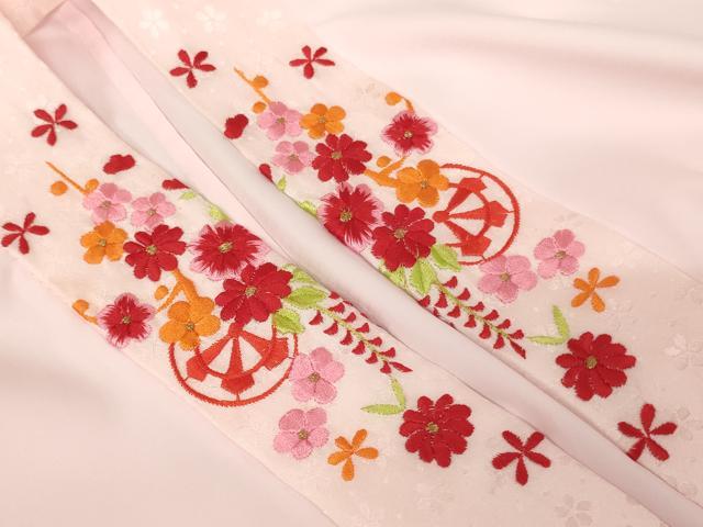 平和屋着物[]七五三　女の子　７歳　祝着　四つ身　長襦袢(単衣・半衿刺繍)セット　駒刺繍　舞桜文　暈し染め　金彩　逸品　AABG3384ja