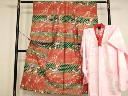 平和屋着物∵十三参り　祝着・長襦袢(無双仕立て・半衿刺繍)セット　飛鶴花文　暈し染め　金彩　逸品　AABG3385ja