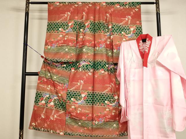 平和屋着物∵十三参り　祝着・長襦袢(無双仕立て・半衿刺繍)セット　飛鶴花文　暈し染め　金彩　逸品　AABG3385ja