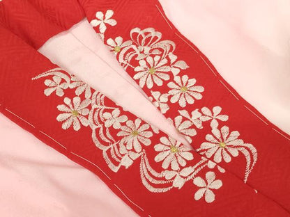 平和屋着物∵十三参り　祝着・長襦袢(無双仕立て・半衿刺繍)セット　飛鶴花文　暈し染め　金彩　逸品　AABG3385ja