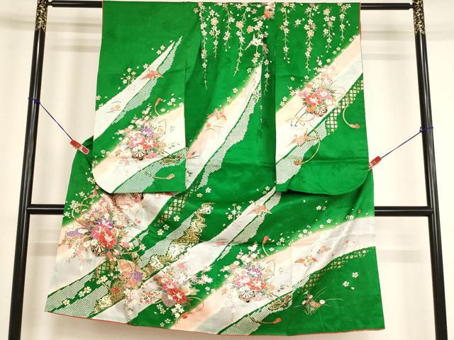 平和屋着物[]七五三　女の子　７歳　祝着　四つ身　花車文　暈し染め　金彩　正絹　逸品　AABG3386ja