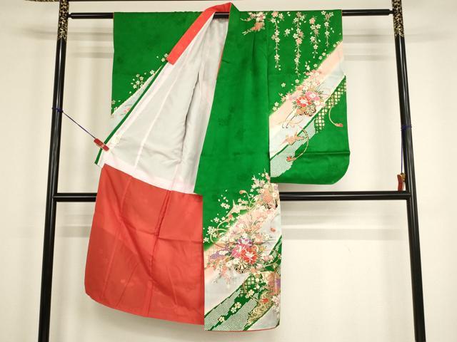 平和屋着物[]七五三　女の子　７歳　祝着　四つ身　花車文　暈し染め　金彩　正絹　逸品　AABG3386ja