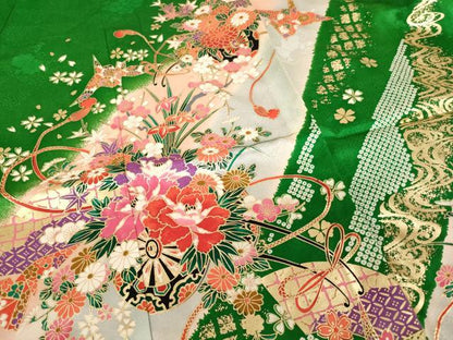 平和屋着物[]七五三　女の子　７歳　祝着　四つ身　花車文　暈し染め　金彩　正絹　逸品　AABG3386ja