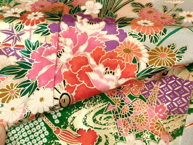 平和屋着物[]七五三　女の子　７歳　祝着　四つ身　花車文　暈し染め　金彩　正絹　逸品　AABG3386ja