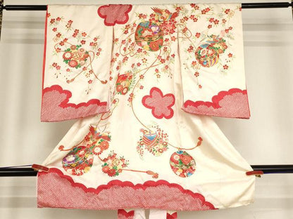 平和屋着物[]お宮参り　女の子　祝着　産着　初着　のしめ　駒刺繍　手毬飛鶴花文　金彩　逸品　AABG3387ja