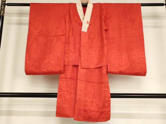 平和屋着物[]大正ロマン　アンティーク　長襦袢　袷　子供　女の子　立涌草花地紋　紅緋色　正絹　逸品　AABG3391ja