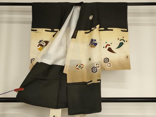 平和屋着物[]七五三　男の子　3歳　一つ身　祝着　駒刺繍　飛鶴宝船文　暈し染め　金彩　正絹　逸品　AABG3393ja