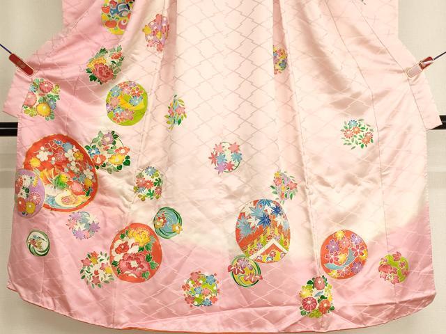 平和屋着物[]七五三 女の子 ７歳 祝着 四つ身 帯セット 駒刺繍 鴛鴦花丸文 暈し染め 金彩 正絹 逸品 AABG3395ja