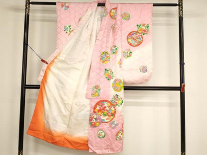 平和屋着物[]七五三　女の子　７歳　祝着　四つ身　帯セット　駒刺繍　鴛鴦花丸文　暈し染め　金彩　正絹　逸品　AABG3395ja