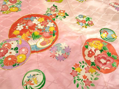 平和屋着物[]七五三 女の子 ７歳 祝着 四つ身 帯セット 駒刺繍 鴛鴦花丸文 暈し染め 金彩 正絹 逸品 AABG3395ja