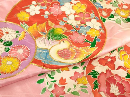 平和屋着物[]七五三 女の子 ７歳 祝着 四つ身 帯セット 駒刺繍 鴛鴦花丸文 暈し染め 金彩 正絹 逸品 AABG3395ja