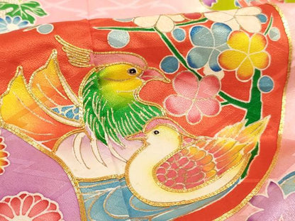 平和屋着物[]七五三 女の子 ７歳 祝着 四つ身 帯セット 駒刺繍 鴛鴦花丸文 暈し染め 金彩 正絹 逸品 AABG3395ja