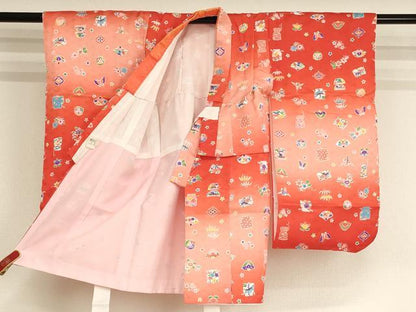 平和屋着物[]七五三　女の子　３歳　祝着　三つ身　吉祥花蝶文　暈し染め　正絹　逸品　AABG3397ja