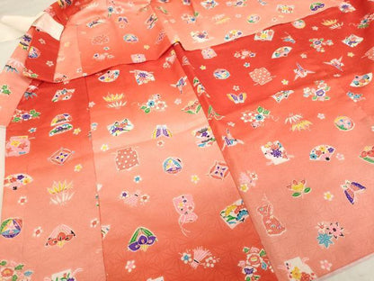 平和屋着物[]七五三　女の子　３歳　祝着　三つ身　吉祥花蝶文　暈し染め　正絹　逸品　AABG3397ja