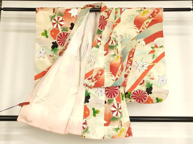 平和屋着物[]セミアンティーク　七五三　女の子　３歳　祝着　三つ身　立波草花文　金銀彩　正絹　逸品　AABG3398ja