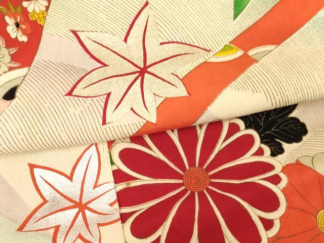 平和屋着物[]セミアンティーク　七五三　女の子　３歳　祝着　三つ身　立波草花文　金銀彩　正絹　逸品　AABG3398ja
