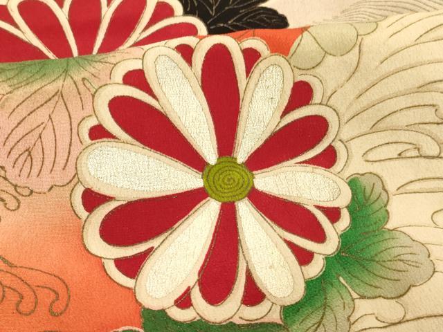 平和屋着物[]セミアンティーク　七五三　女の子　３歳　祝着　三つ身　立波草花文　金銀彩　正絹　逸品　AABG3398ja