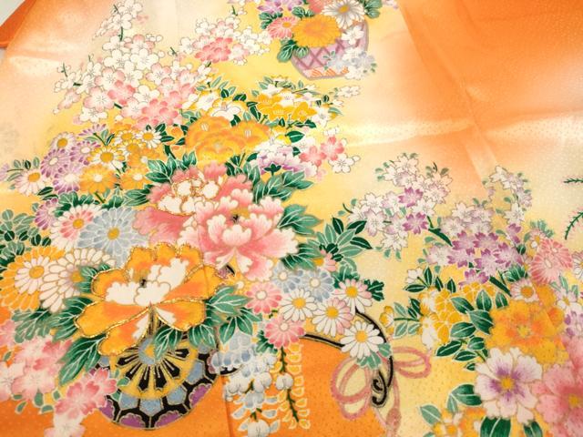 平和屋着物[]七五三　女の子　３歳　祝着　三つ身　長襦袢(単衣)セット　駒刺繍　花車文　暈し染め　金彩　洗える着物　AABG3399ja